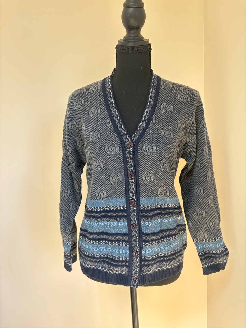 Navy and Gray Patterned Button-Up Women's Grandpa Sweater Cardigan